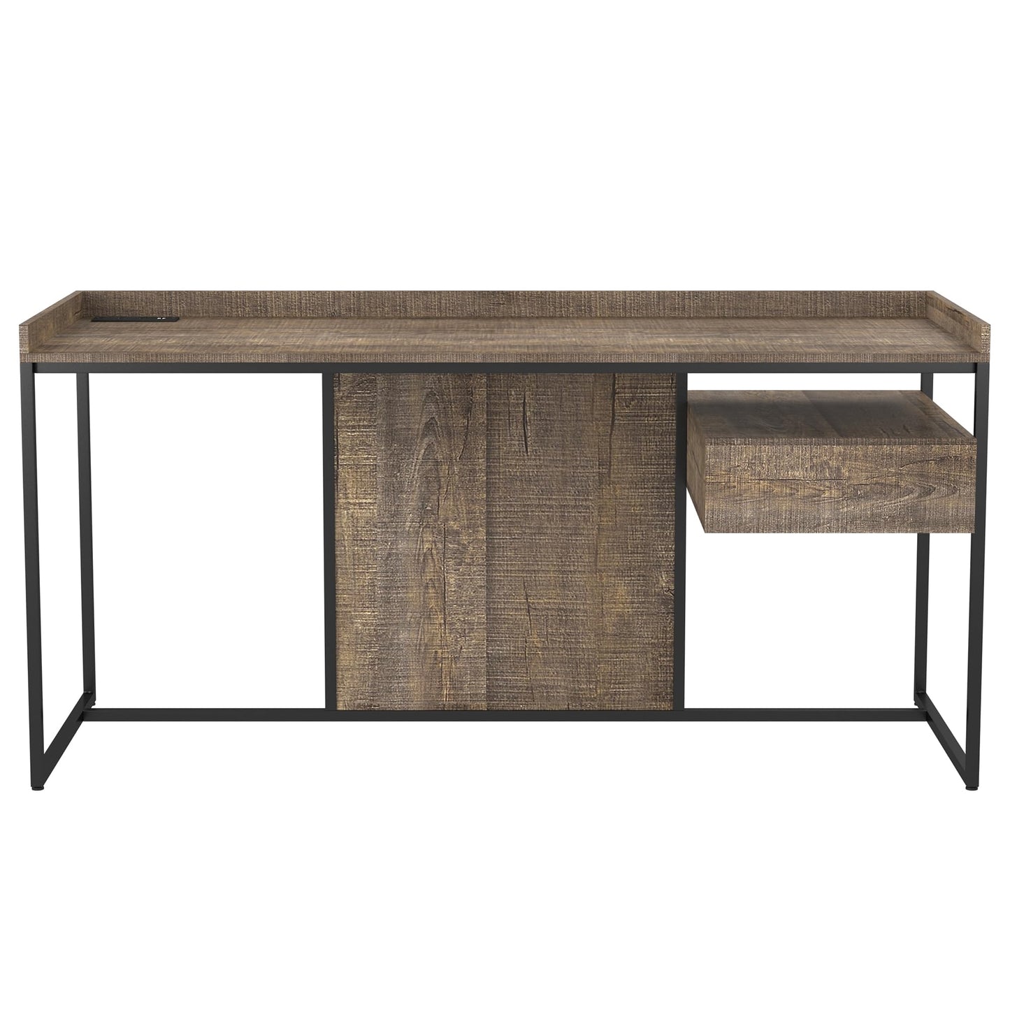 24/7 Shop at Home Lochlan Industrial 1 Drawer Metal Writing Desk with USB Port, Power Outlet, 1 Shelf for Workstation, Home Office, Study Room, Matte Black and Oak Brown