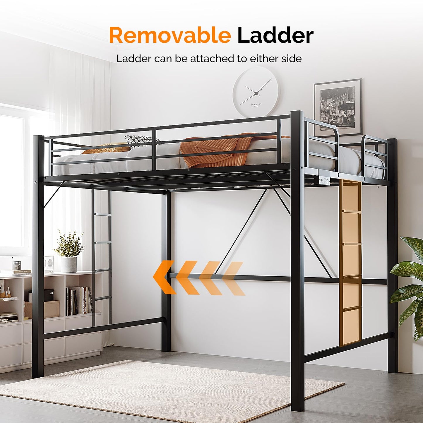 VINGLI Loft Bed Queen Size with Charging Station and LED Lights,Safety Guardrail and Stair for Teens/Adults, No Box Spring Needed, Heavy Duty Metal Support Slat, Black