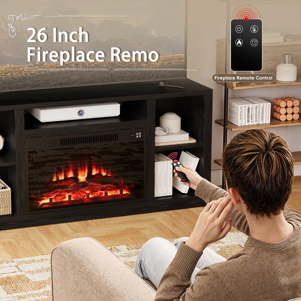 YESHOMY Electric Fireplace TV Stand for Televisions up to 65+ Inch, Media Entertainment Center Console Table with Four Open Storage Shelves & Cabinets, 58 Inch, Black