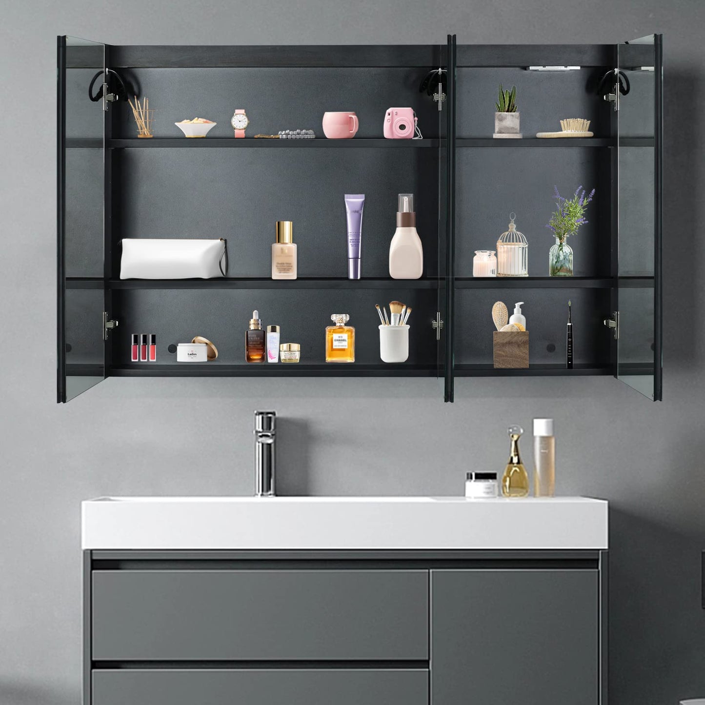 Karl home Black LED Mirror Medicine Cabinet, 48x28 Inch 3 Door Bath Cabinet