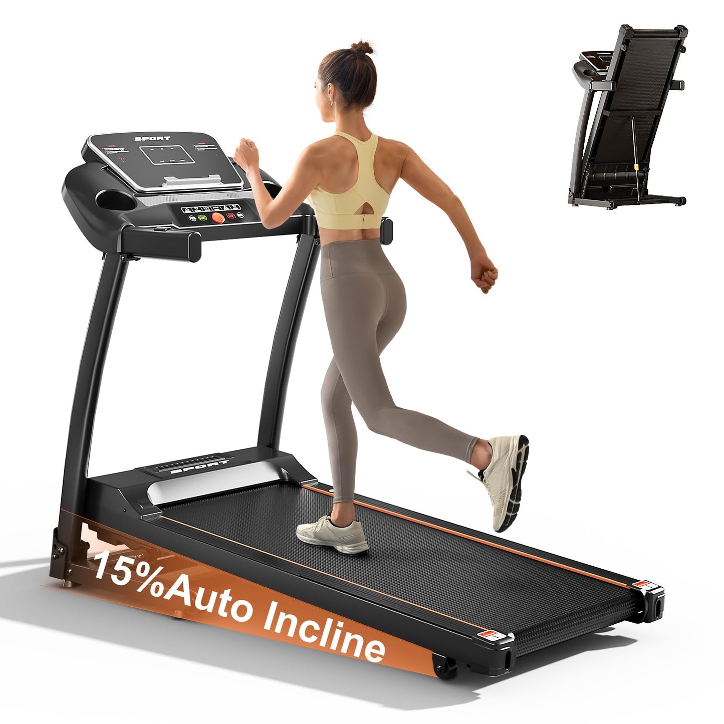 LIJIUJIA Treadmills for Home, Folding Treadmill with 15% Auto Incline, 3.0HP Walking Pad Treadmill, 300 lbs Capacity, Max Speed 6.2 MPH, Bluetooth Speaker, Heart Rate Sensor, LED Display