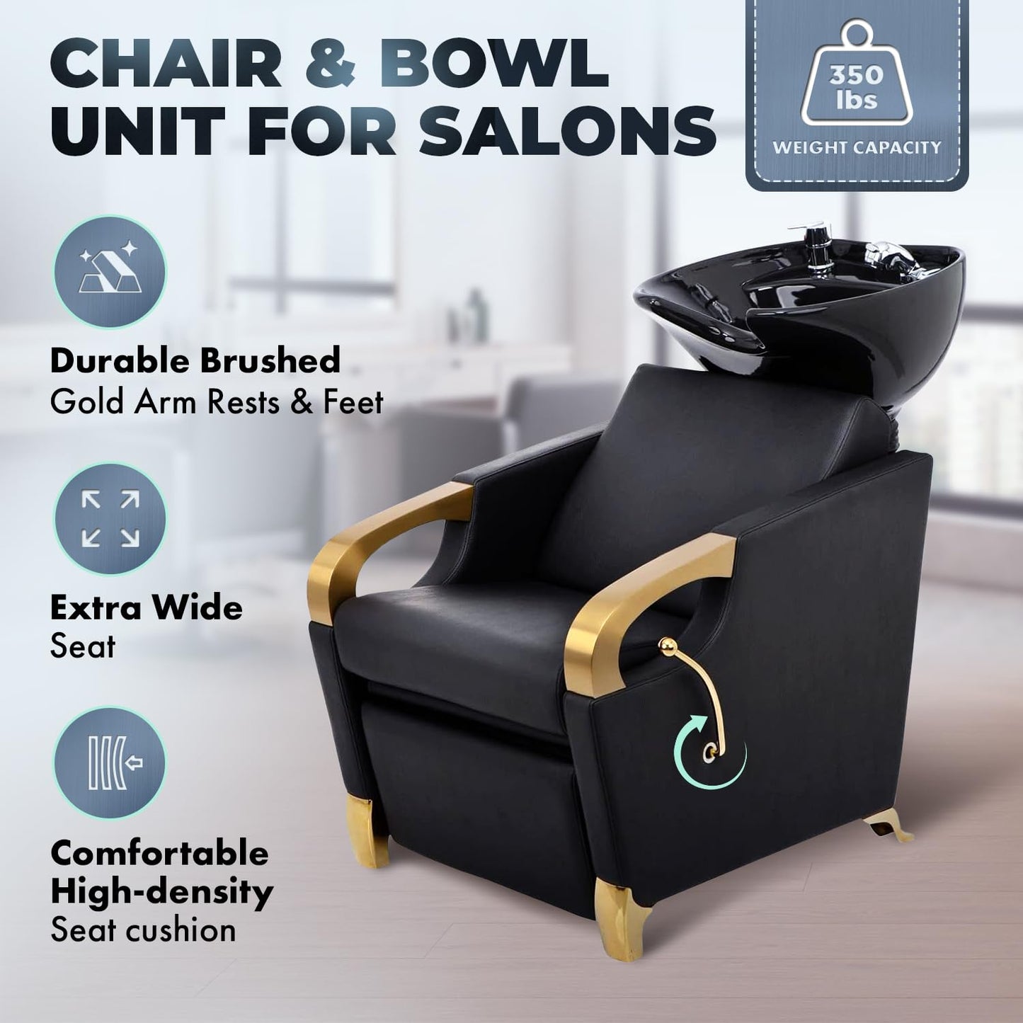 Buy-Rite Luna Gold Shampoo Backwash Unit - Tilting Black Porcelain Bowl, Brushed Gold Armrests, Extra-Wide Seat, Lever Leg Rest, Modern Salon Design, YLG-583-1-GOLD-BLK