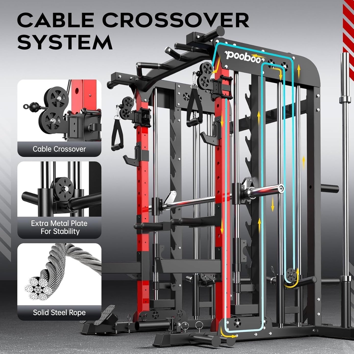 pooboo Multi-Functional Machine Power Cage, 2000LB Squat Rack, LAT-Pull Down System, Dual Pulley Cable Crossover System, Home Gym Workout Machine with Strength Training Attachments (P43 Pro)