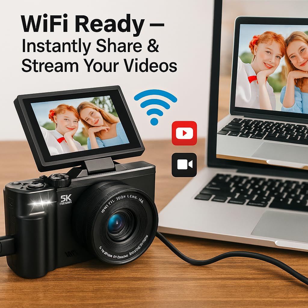 4K/5K Digital Camera – 75MP Vlogging Camera for YouTube, 180° Flip Screen, 18X Zoom, WiFi – Black Ultimate Kit with 64GB Card, 50" Tripod, Carrying Case, Macro/Wide Lens, Flash & Filters – Acuvar