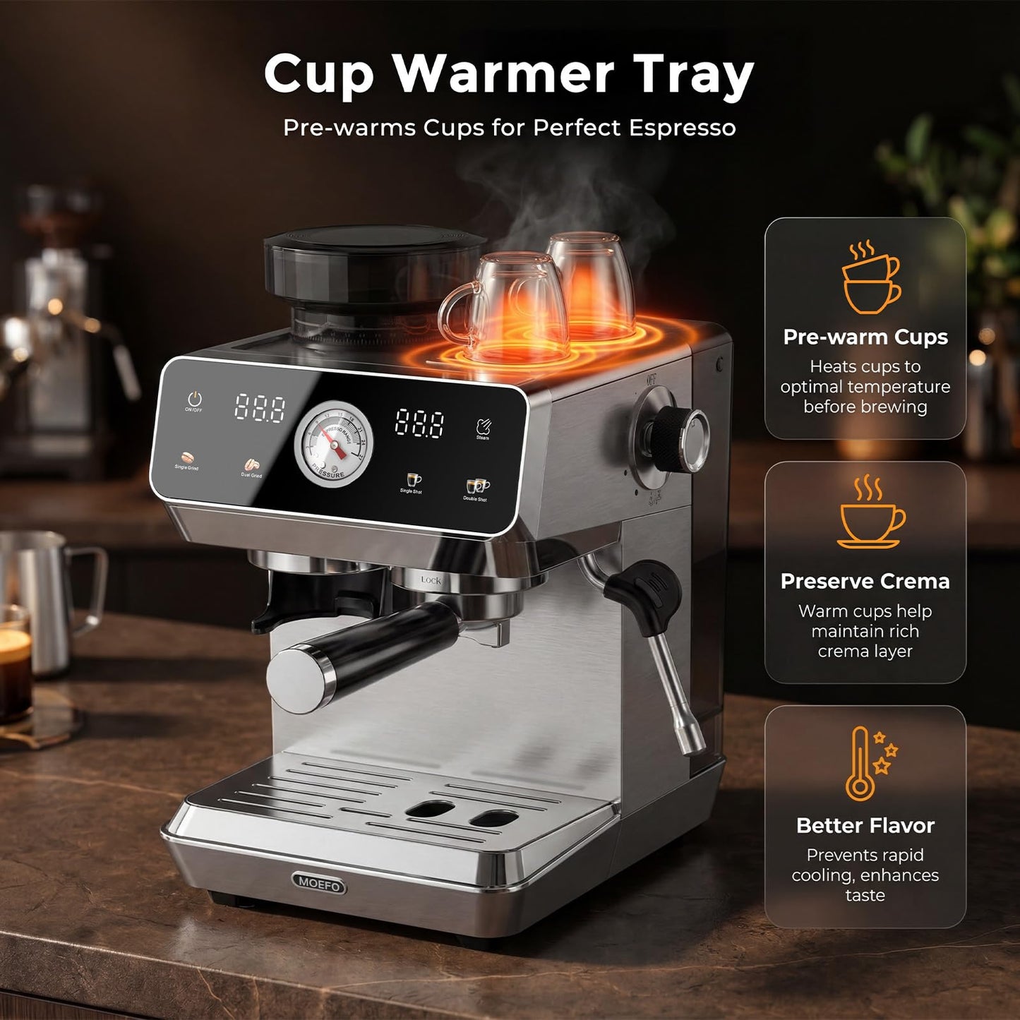 MOEFO Espresso Machine with Grinder, 20-Bar Programmable Semi-Automatic Coffee Maker, Visual Pressure Gauge & Touchscreen, Compact Design with 44-Grind Settings, Make Americano, Latte, Silver