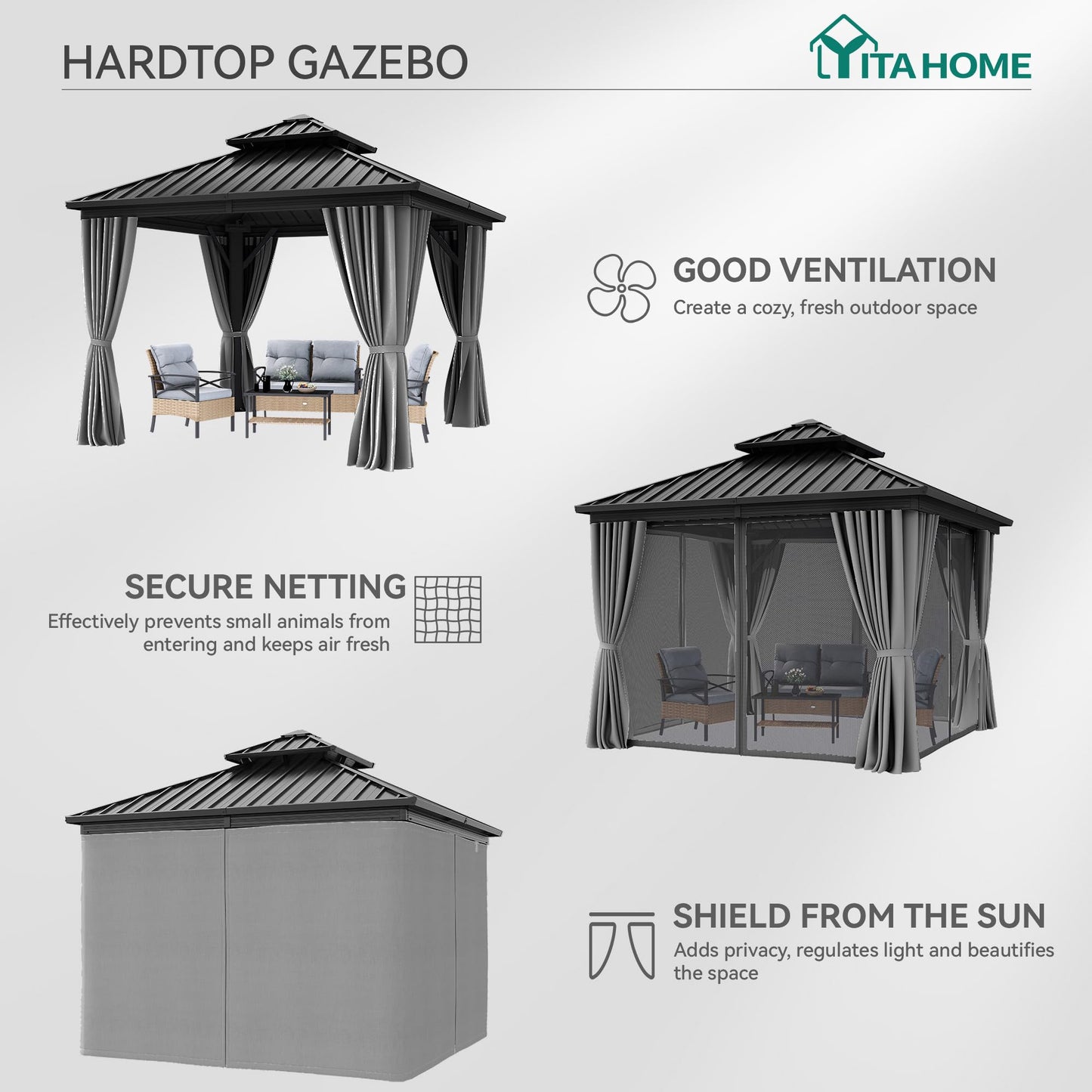 YITAHOME 10X10FT Hard Top Gazebo Patios Outdoor Double Roof Canopy Aluminum Frame Garden Gazebo with Curtains Netting for Backyards Decks Lawns, Gray