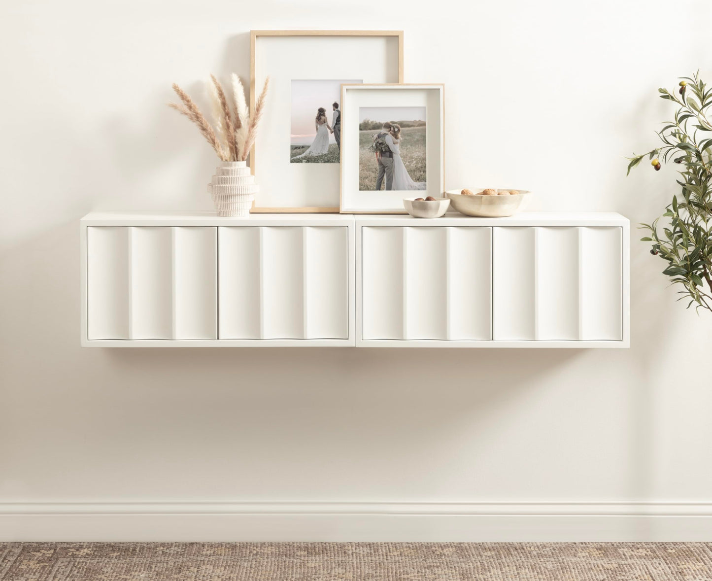 Kate and Laurel Sartell Modern Wooden Two-Door Wall Cabinet, 30 x 10 x 14, White, Decorative Modern Storage Cabinet with Dimensional Face for Use as Floating Nightstand or Cute Nursery Shelf Storage