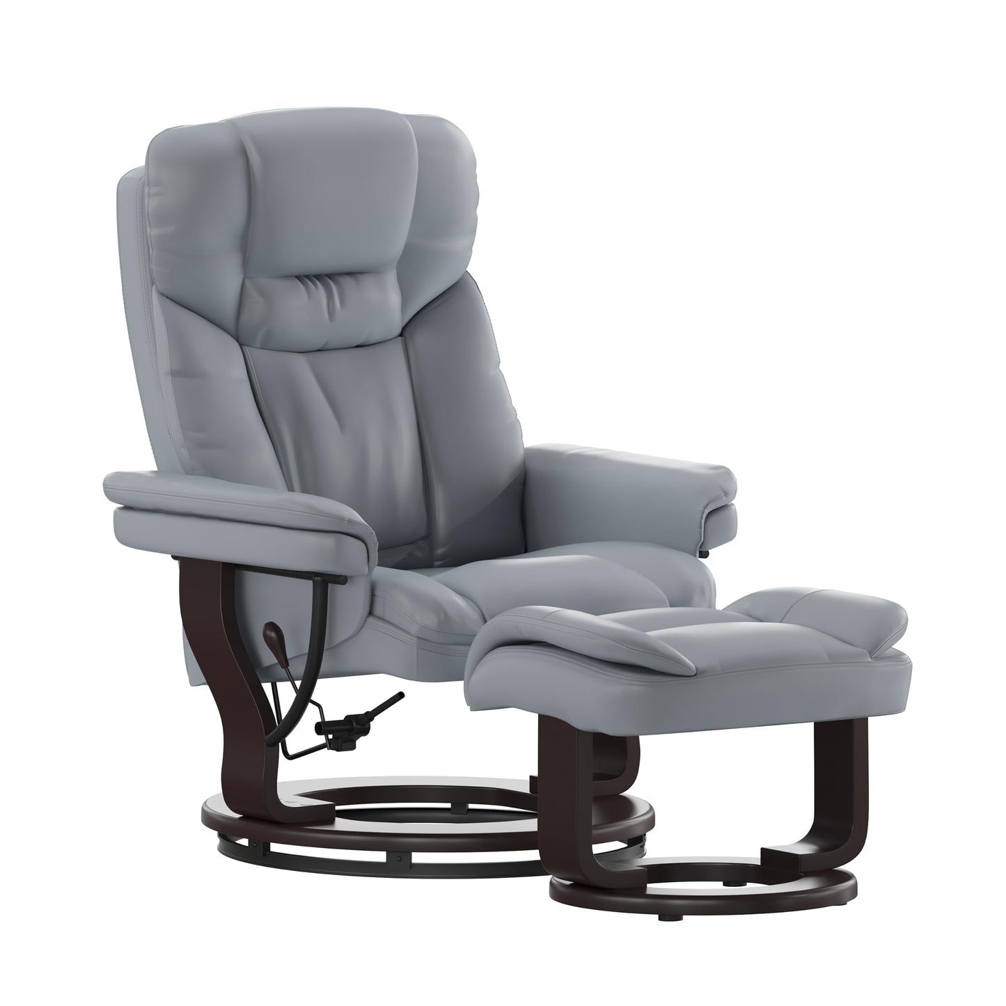 Flash Furniture Allie Contemporary Multi-Position Recliner and Curved Ottoman with Swivel Mahogany Wood Base in Gray LeatherSoft