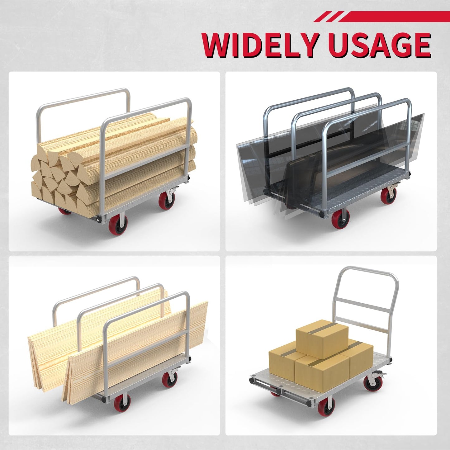 PHEXOD 2IN1 Steel Panel Truck Cart, Lumber Cart Drywall Dolly，2500LBS Heavy Duty Flatbed Cart Dolly with 6" Swivel Brake Wheels, 40x24INCH 2MM Plate Platform Truck with 1Front and 3Side Handrails