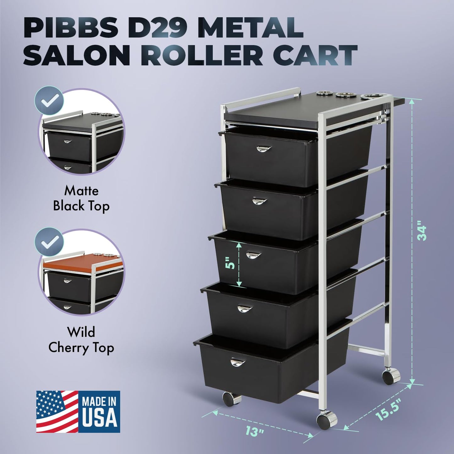 Pibbs D29-BLK 5-Tier Professional Salon Utility Cart with Wheels - Black Styling Station with Metal Appliance Holders, Extra-Large Work Surface & 5 Removable Storage Drawers – Durable & Mobile