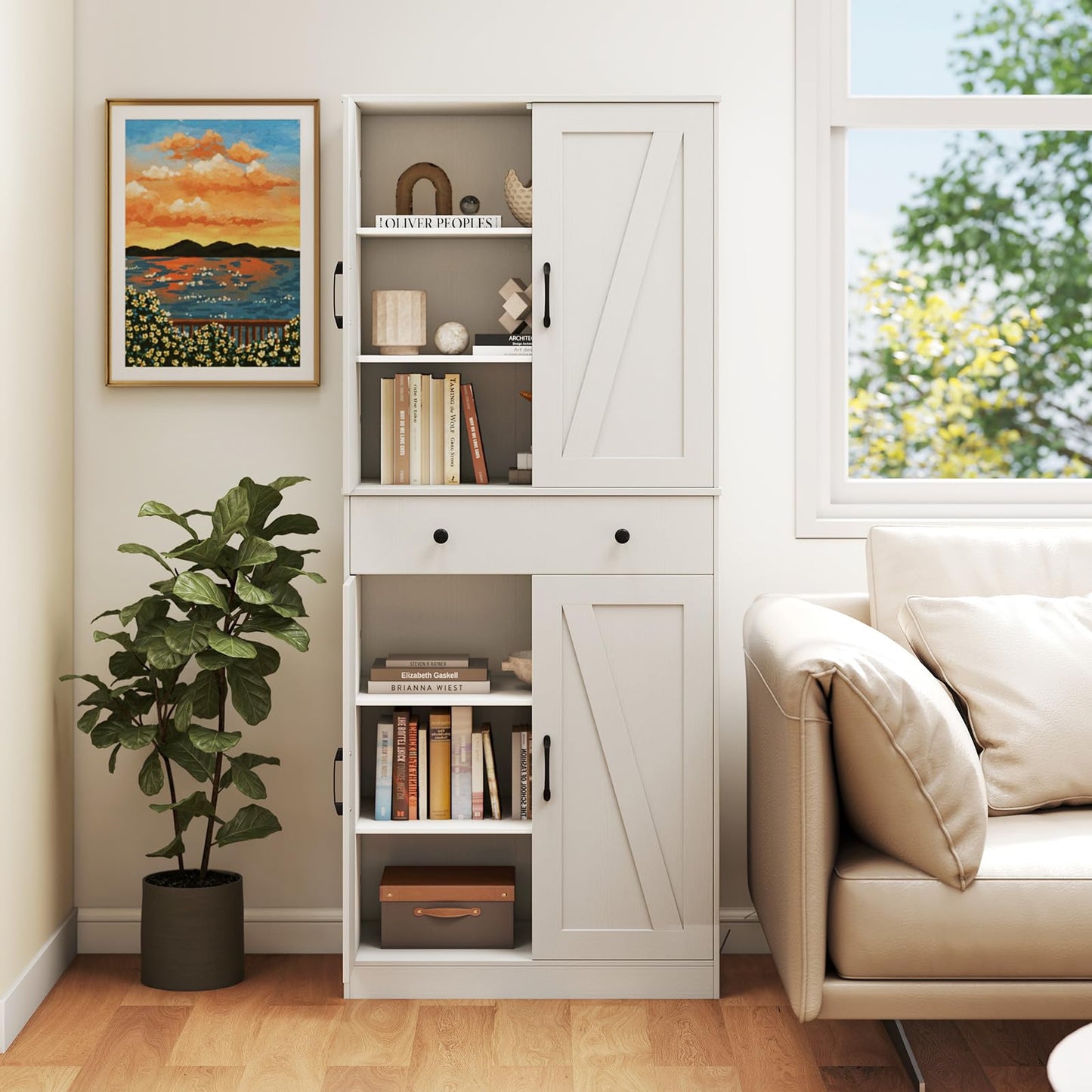 Giantex 72" Tall Kitchen Pantry Cabinet, Modern Farmhouse Pantry Storage Cabinet with 4 Barn Doors, Adjustable Shelves & Drawer, Buffet Cupboard with Living Room, Dining Room, Bathroom, White