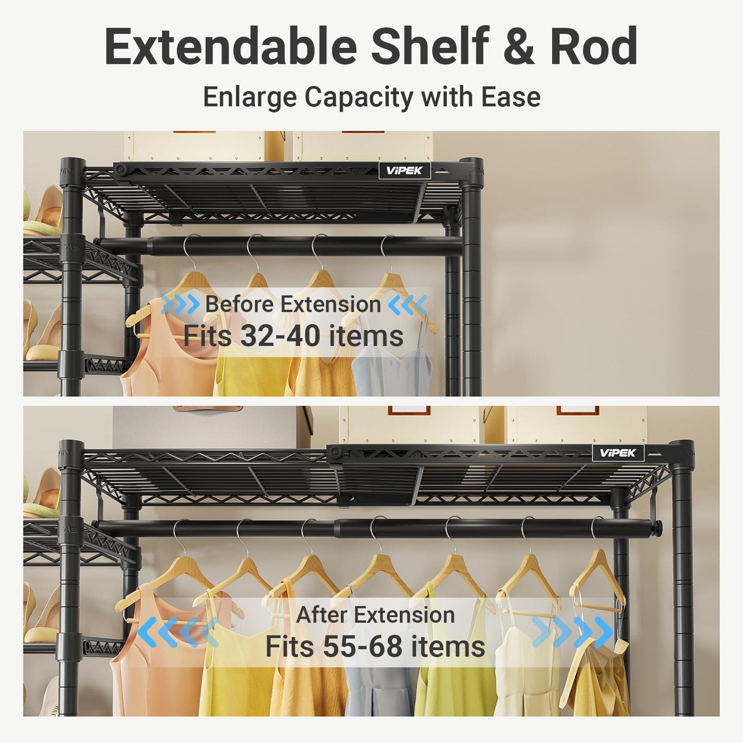 VIPEK S3X Expandable Clothes Rack, Industrial Pipe Closet System Adjustable from 5'11" to 8'7" with 6-Tier Shoe Shelves, Heavy Duty Garment Rack, Space Saving Wall Closet Organizer