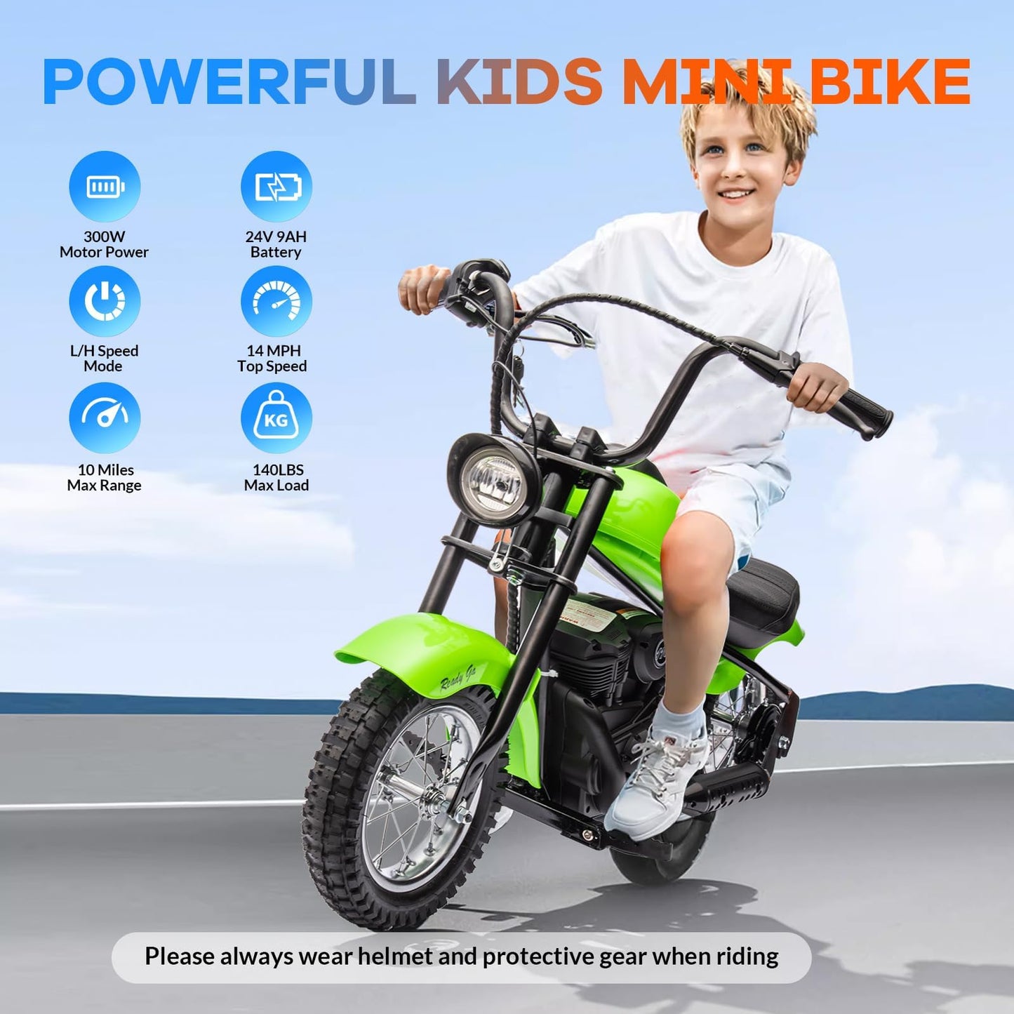 Electric Motorcycle for Kids, 24V 250W Dirt Bike, Two Speed Max Up to 14MPH & 60 Minutes Continuous, with Led Lights, Leather Seat, Rear Brake, Electric Motorbike for Kids/Teens, Green