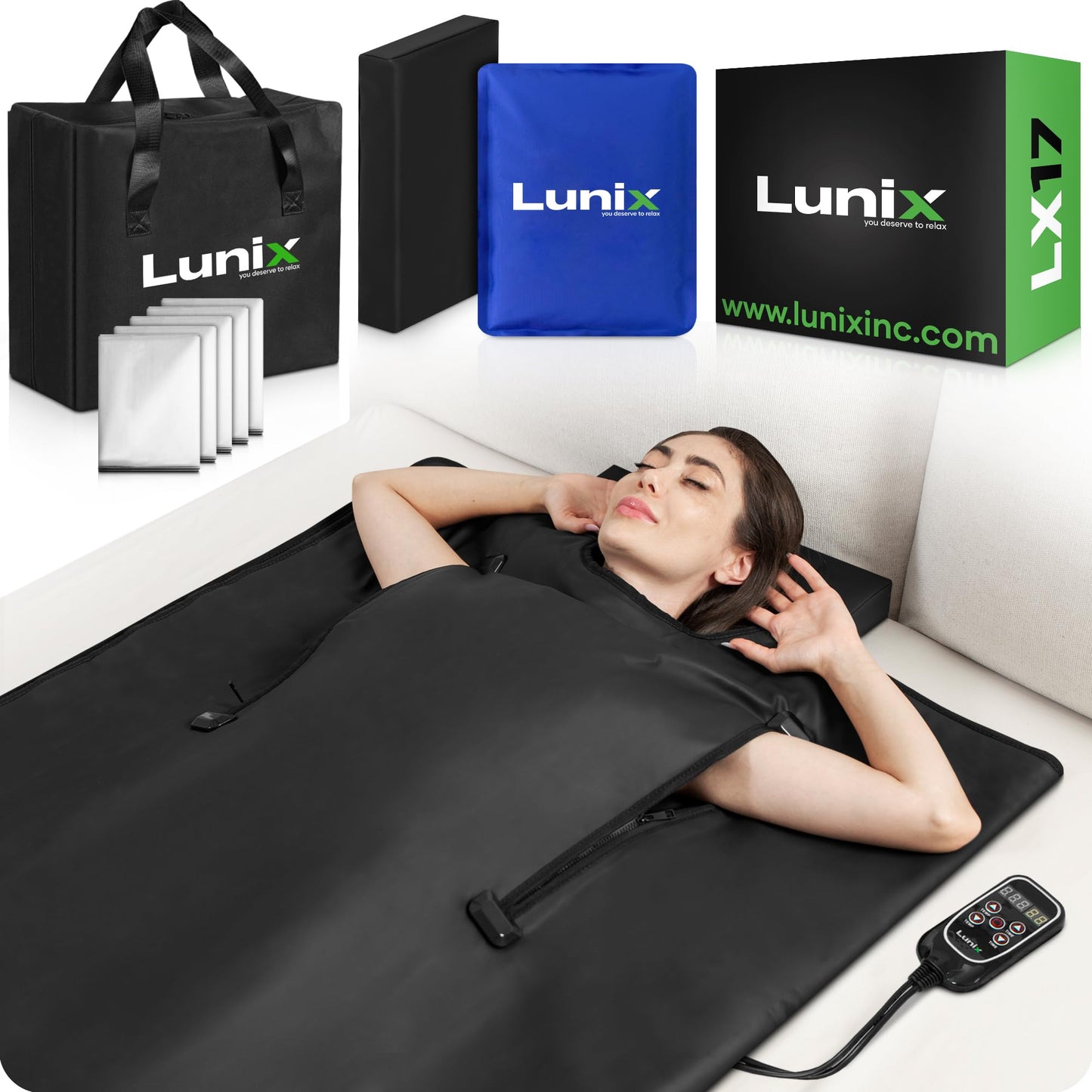 Lunix LX17 Infrared Sauna Blanket, Portable Sauna Bag for Relaxation, Detox & Stress Relief, Adjustable Heat 77–176°F, Far Infrared Blanket with Pillow, Wrap & Hot Cold Gel Pack – Jet Black