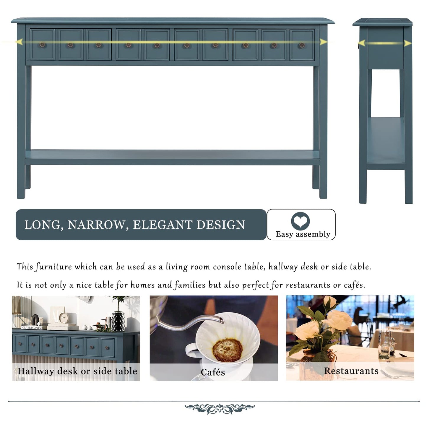 Merax Wood Narrow Console Table for Entryway Hallway Front Door SideTable with Drawers and Bottom Shelf Navy