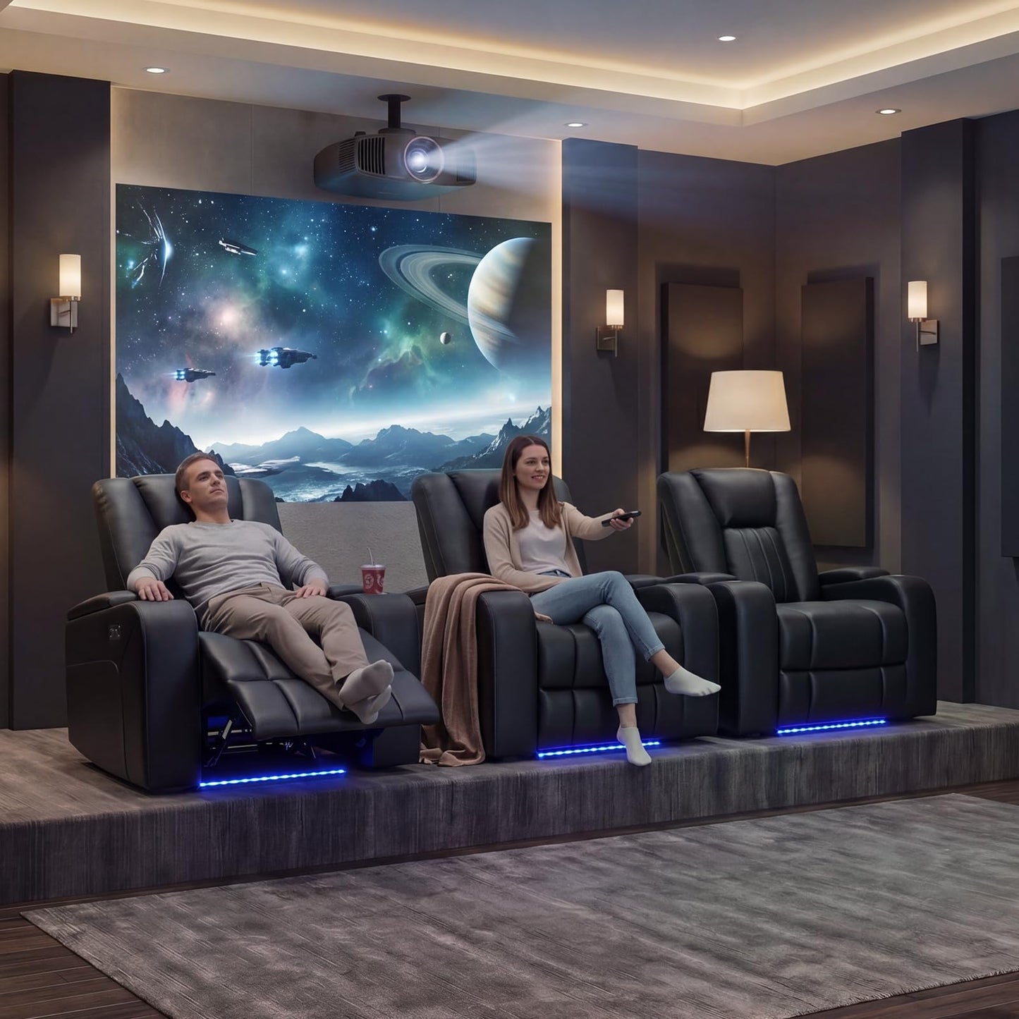 ANJ Home Theater Seating Power Recliner Chair with Hidden Arm Storage, Faux Leather Recliners with LED Light, Electric Movie Reclining Sofa with USB Ports & Cup Holders for Media Living Room, Black