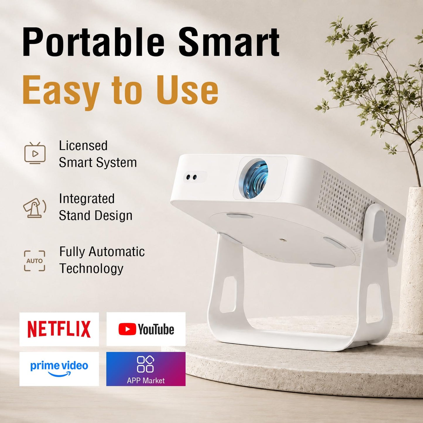 [Officially-Licensed App & Auto Focus]White Smart Mini Projector with WiFi and Bluetooth, XuanPad 4K Support Movie Projector, Portable Native 1080P Outdoor Projector with 360° Stand