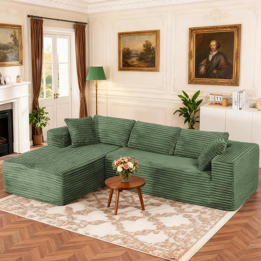 COMHOMA 105”Modular Sectional Sofa with Deep Seat,Cloud Upholstered L-Shape Couch Wide Arms Corduroy Fabric High-Density Foam Chaise Lounge for Living Room No Assembly Required,Green