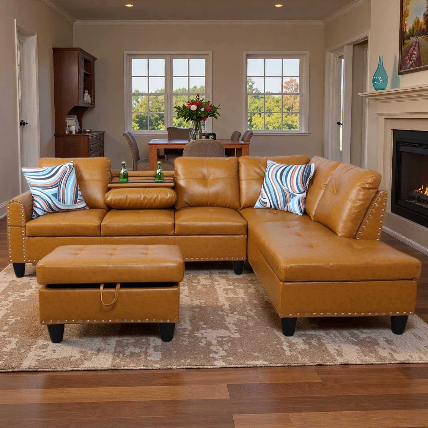 Trygoal Leather 3-Piece L-Shaped Couches for Living Room, Sectional Sofa with Storage Ottoman & Movable Chaise, Modular Convertible Couch for Bedroom & Apartment, Mustard Yellow