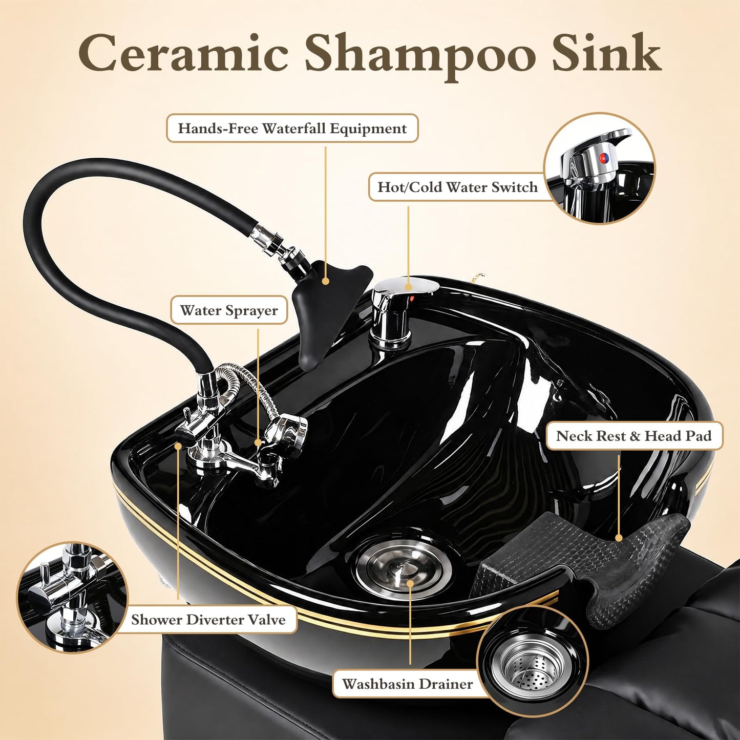 Oakvera Shampoo Bowl and Chair Set of 2 for Salon, Hair Washing Station Barber Backwash Unit with Ceramic Sink, Independent Footstool, Neck Rest & Head Pad, for Beauty Salon, Spa & Barbershop
