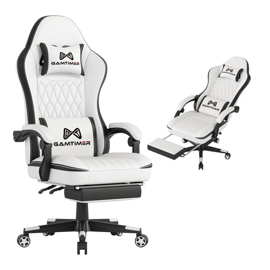 Gamtimer Gaming Chair with Footrest, Ergonomic Computer Chair, PU Breathable Material with Headrest and Lumbar Support, Suitable for Silla Gamer and Adults (White)