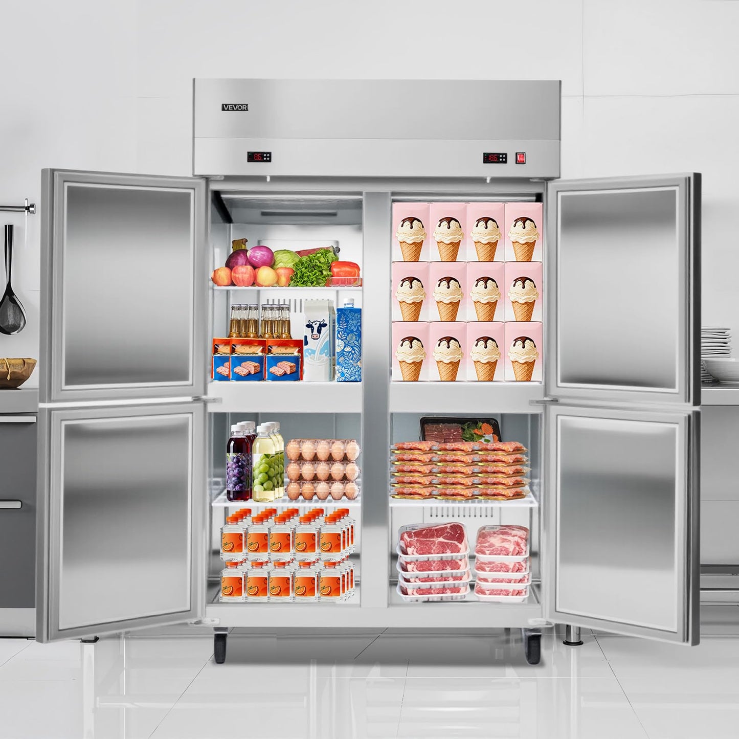 VEVOR Commercial Refrigerator and Freezer Combo 48" W, 31 Cu.Ft Stainless Steel Upright Freezer/Refrigerator with 4 Doors, Auto-Defrost, 6 Adjustable Shelves, UL Certified