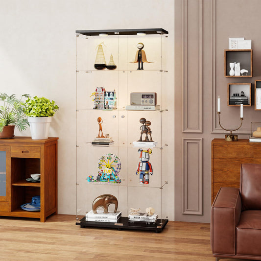 Zevemomo 5-Tier Tempered Glass Display Cabinet with Lights, Curio Cabinet with Glass Doors and Lock, Glass Display Case for Collectibles, for Living Room Bedroom Office, Black, Double Door