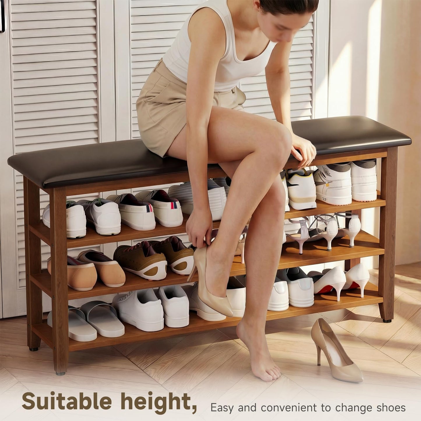 Vellzeyce Shoe Bench with Leather Cushion,Wood Bench with Shoe Rack,3-Tier Shoe Storage Organizer for Entryway,Hallway,Living Room (Brown, 3-Tier-47.3")