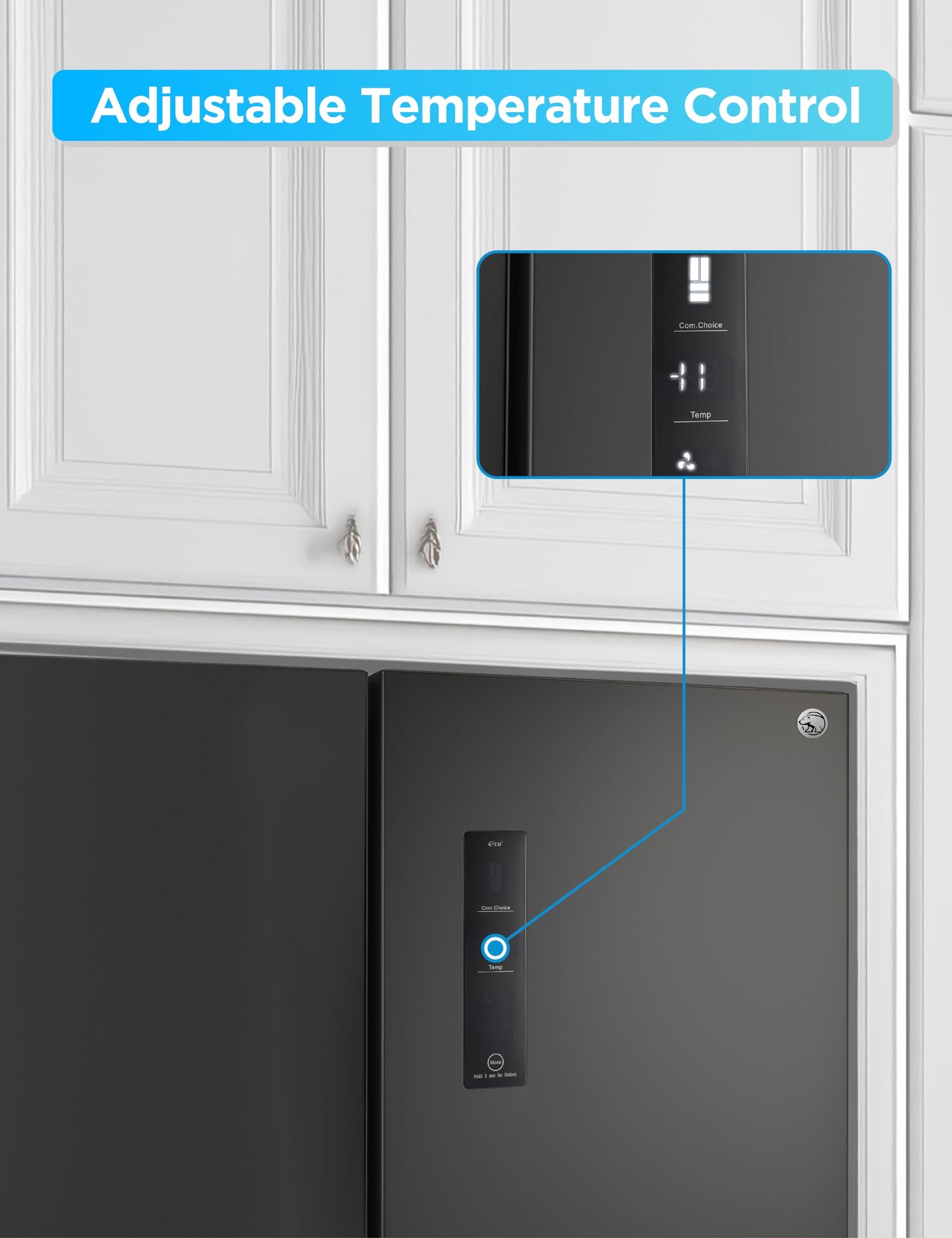 Commercial Cool 18.9 Cu. Ft. French Door Refrigerator, 33 Inch Wide Refrigerator with 2 Bottom Mount Freezer Drawers, Frost Free, LED Lighting, Digital Temperature Control, CCRF1890KB, Black