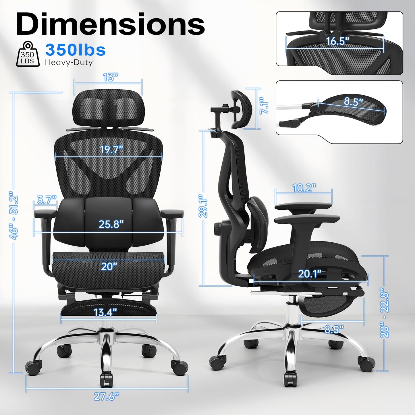 Freepub Ergonomic Mesh Office Chair, Home Desk Chair with Adjustable Lumbar Support, 3D Headrest and Armrests, Reclining Big and Tall High Back Computer Gaming Chair for Man Women, 350lbs, Black