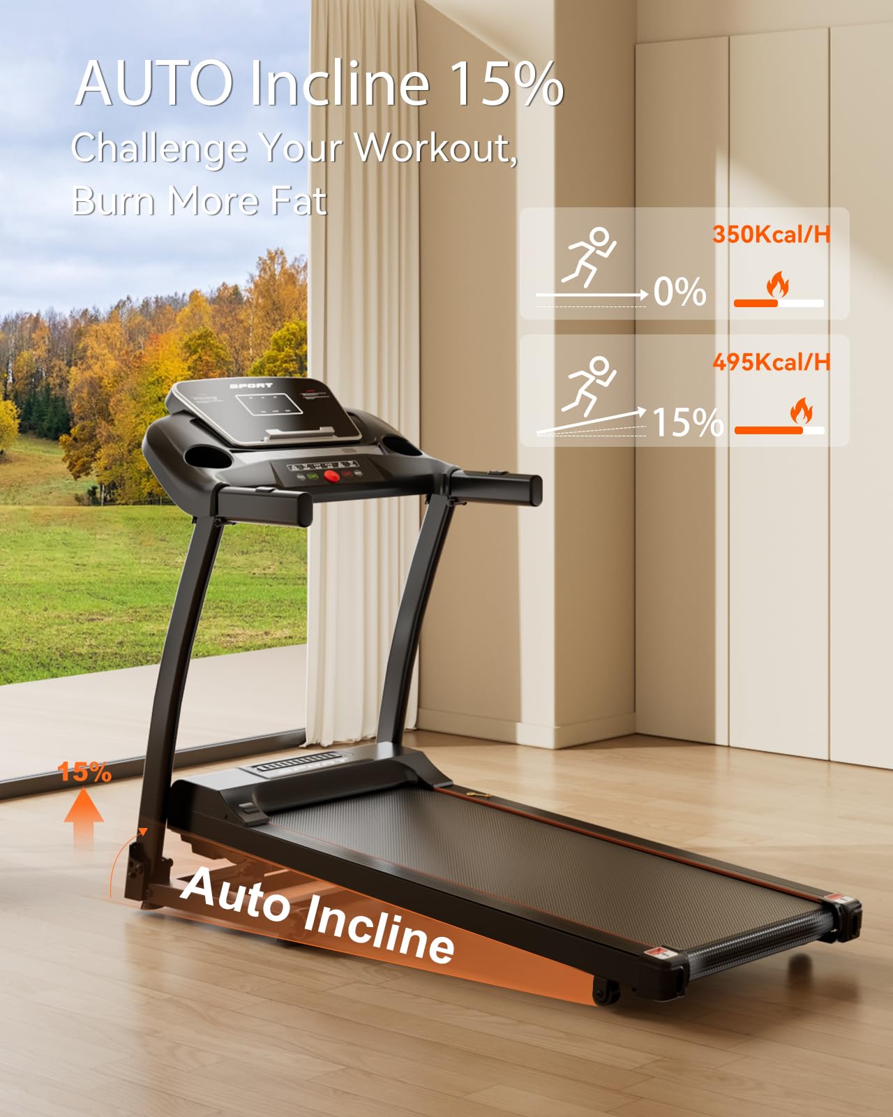 LIJIUJIA Treadmills for Home, Folding Treadmill with 15% Auto Incline, 3.0HP Walking Pad Treadmill, 300 lbs Capacity, Max Speed 6.2 MPH, Bluetooth Speaker, Heart Rate Sensor, LED Display