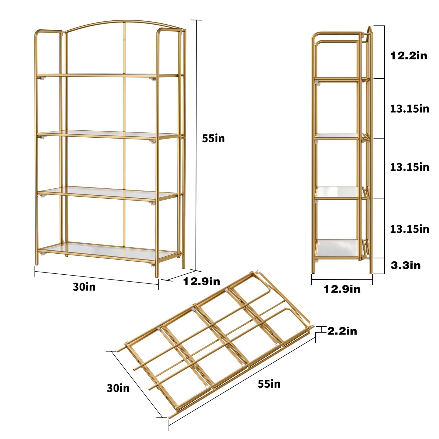 Crofy 4-Tier Wider Foldable Bookshelf, Gold Frame & Transparent Shelves