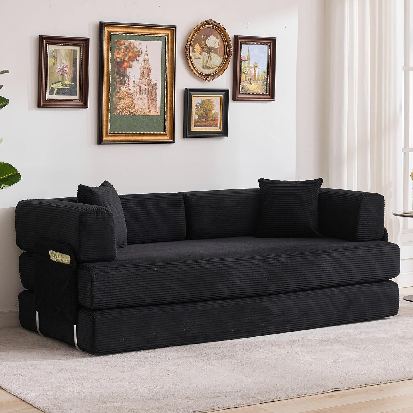 GarveeLife 78.8" Modular Corduroy Sofa Bed,5 in 1 Convertible Futon Floor Couch with Pull-Out Sleeper,Multi-Functional Futon for Living Room Guest Room & Small Spaces