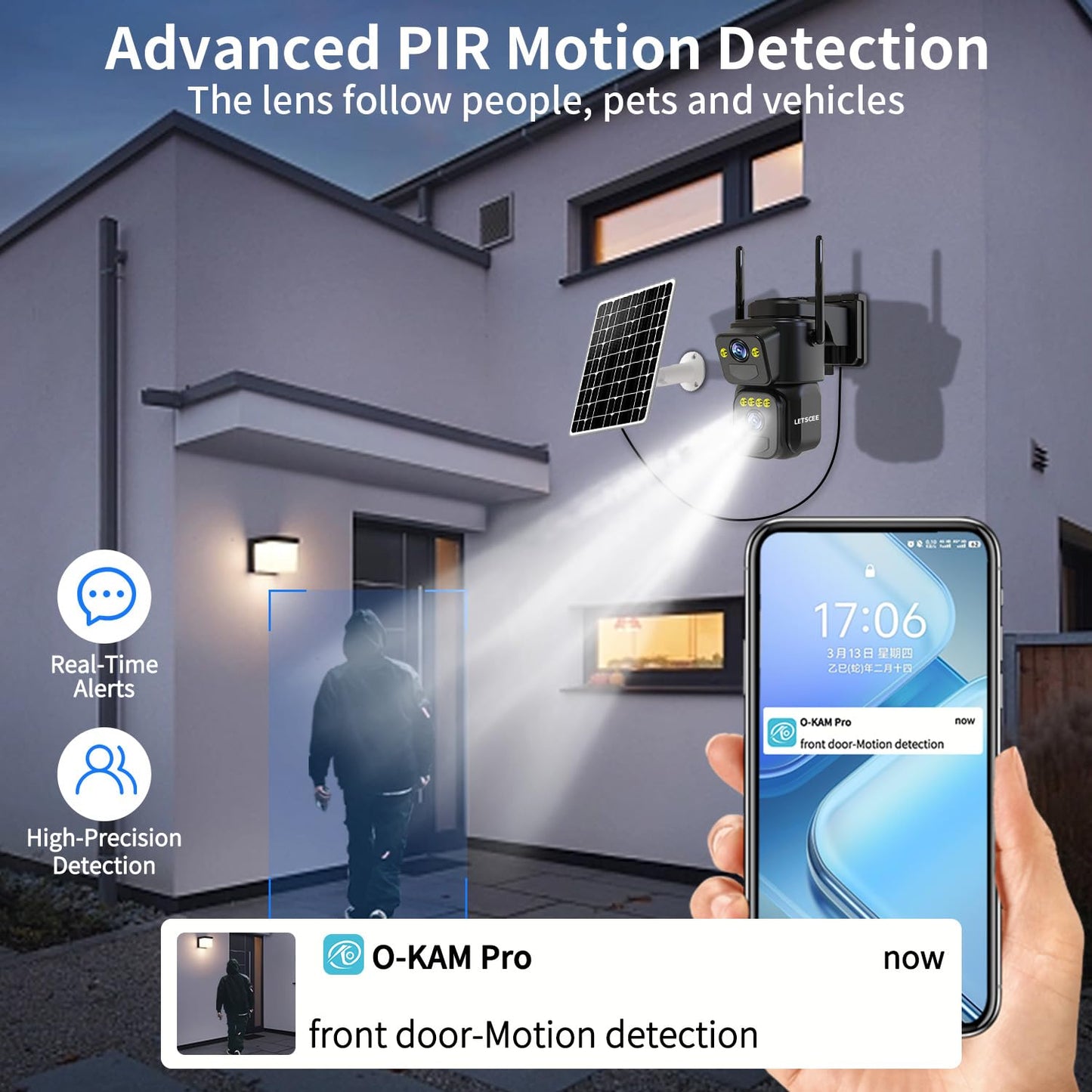 LETSCEE Dual Lens Security Cameras Wireless Outdoor，Solar Cameras for Home Security，Motion Detection,Night Vision,No Month Fee,IP65 Water Proof