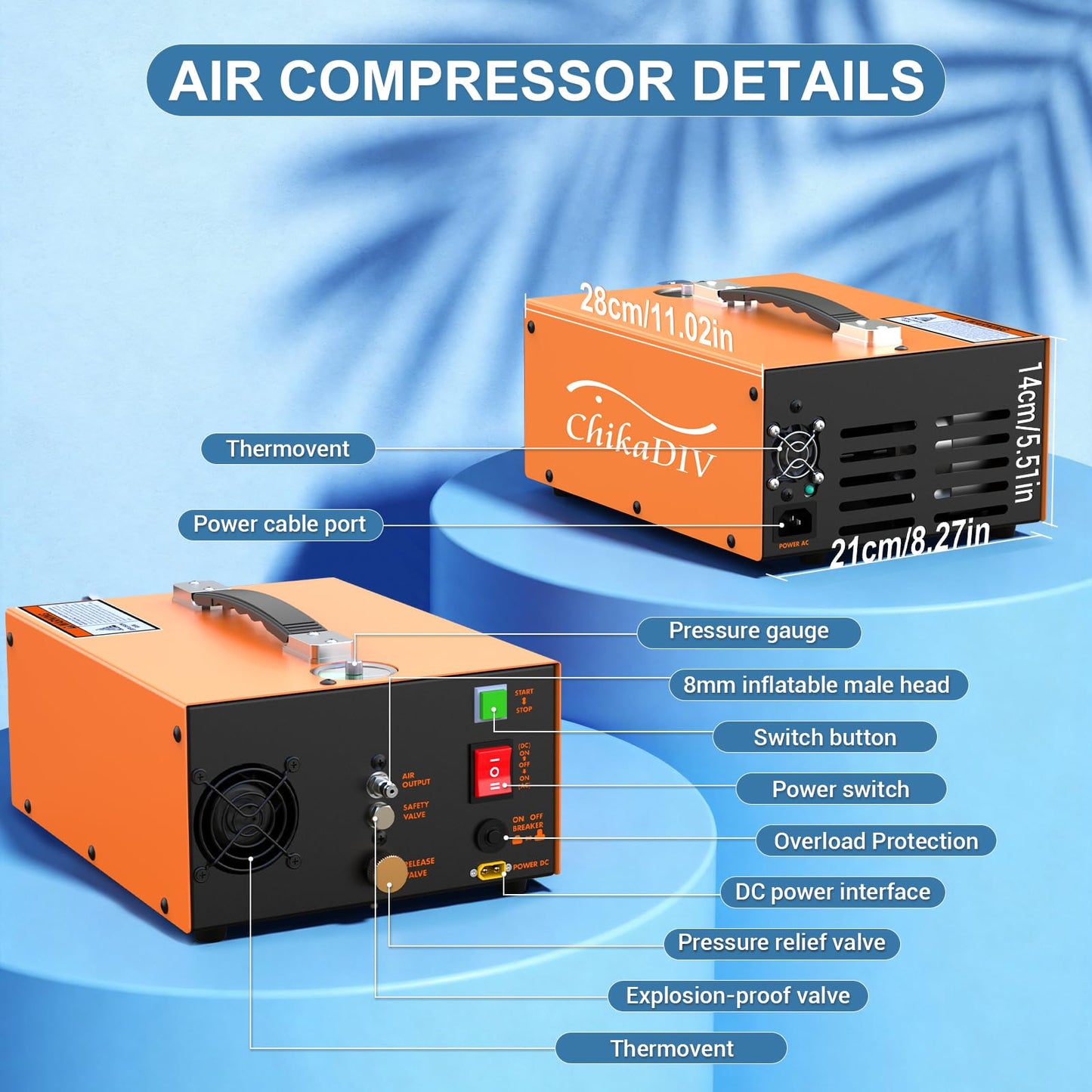 CHIKADIV PCP Air Compressor 4500Psi, Fast Fill for Airguns or Paintball Tank, PCP air pump Auto Shut-Stop, Dual Power Dual Power 12V DC &110V/220V AC,350W Air Compressor for scuba tank