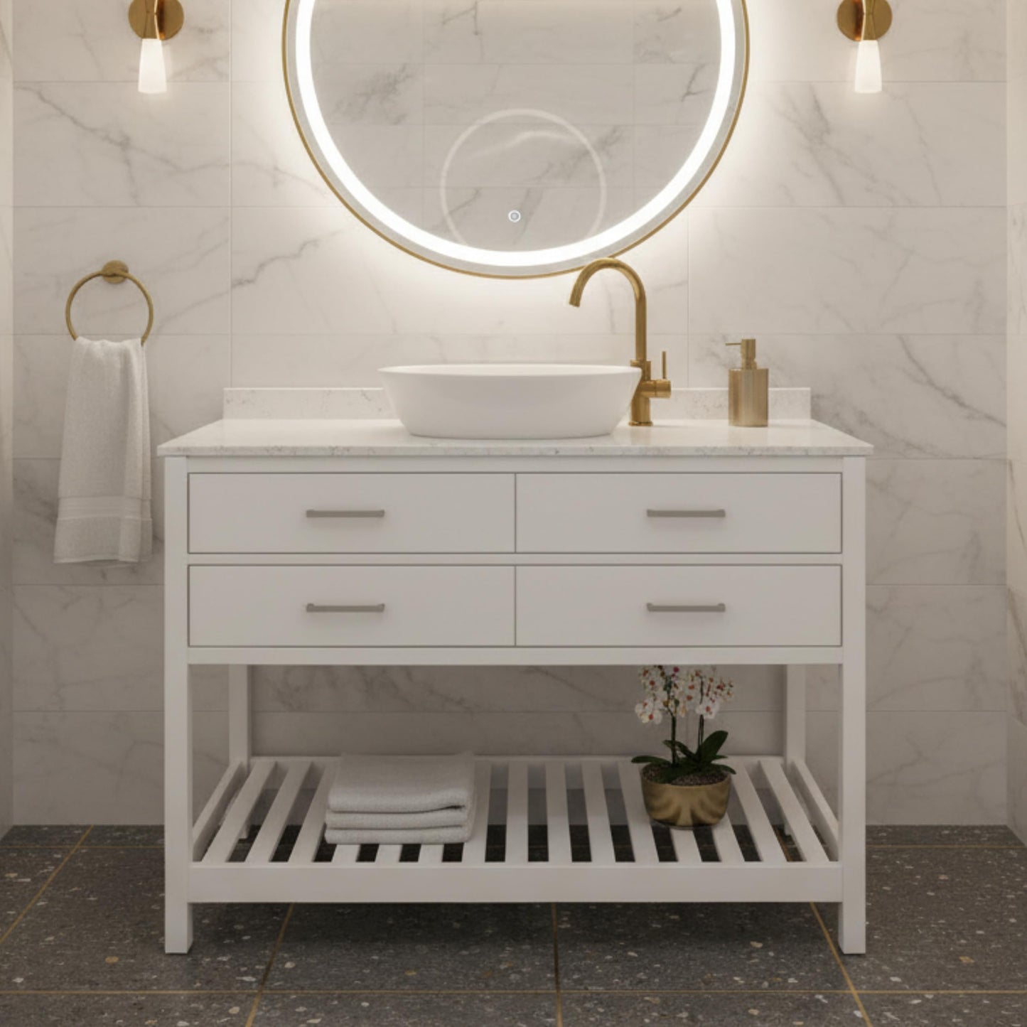 Harrison 48 in. W Vanity Cabinet Only, Bathroom Storage with Two Soft Close Drawers and Slatted Shelf, Nickel Hardware, Adjustable Height Levelers, Solid Pine Wood Construction, White