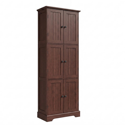 ChooChoo Tall Bathroom Storage Cabinet with 6 Doors, Freestanding Floor Cabinet with Adjustable Shelves, Rustic Walnut Pantry Cabinet for Bathroom, Kitchen, Laundry Room