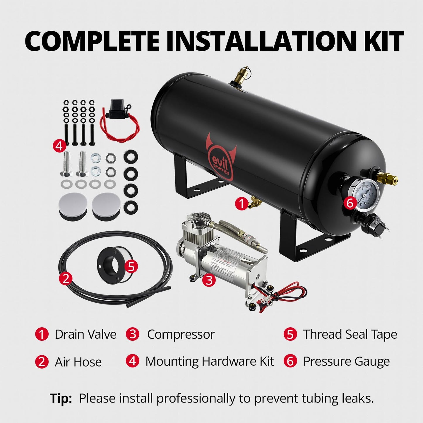 EVIL ENERGY 1.5 Gallon Air Compressor and Tank Kit 6 Ports 1/4" NPT 150 PSI Rated 12V Air Tank Compressor for Truck, Air Horn, Inflating Tires, Suspension Systems, Train Horn, DIY Pneumatic Tools
