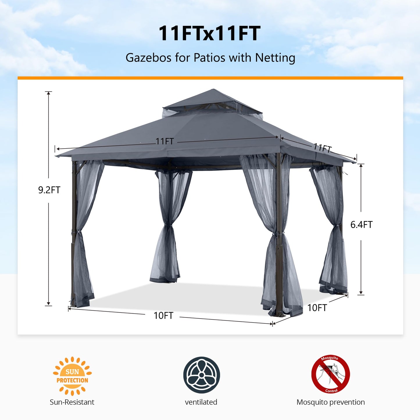 ABCCANOPY Outdoor Patio Gazebo 11x11 - Double Roof Canopy with Mosquito Netting for Backyard, Deck, Garden, Lawn, Dark Gray