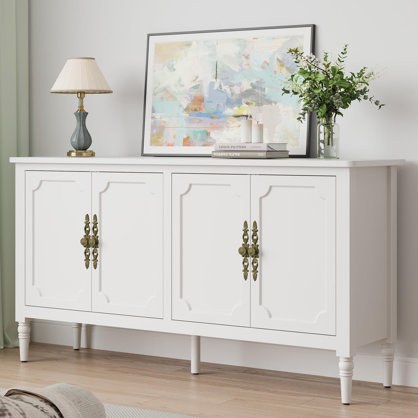 FansaFurn 58'' Large Sideboard Buffet Cabinet with 4 Doors, Modern Credenza Buffet Table for Coffee Bar, Storage Cabinet for Dining Room Living Room, White