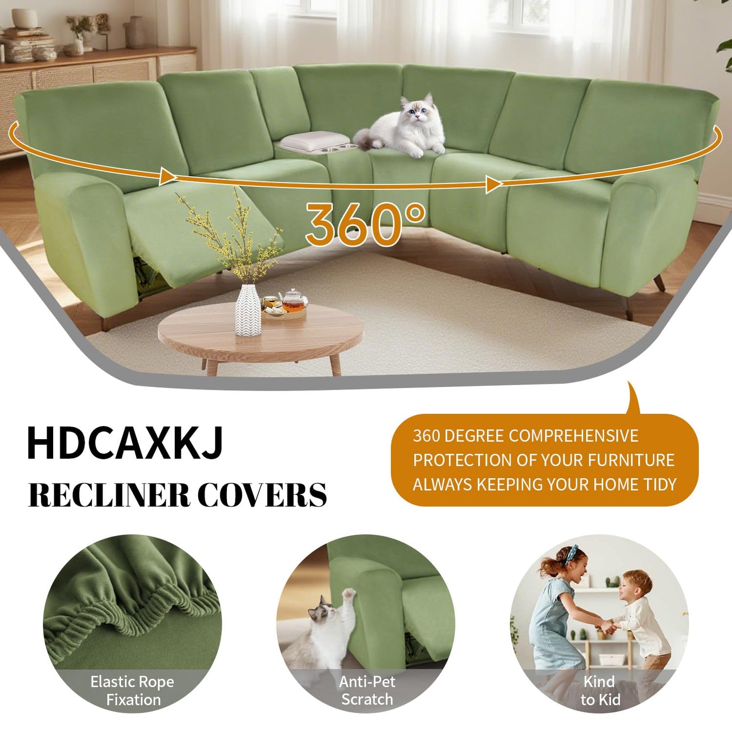 HDCAXKJ Reclining Sectional Couch Covers Velvet L Shaped Sectional Sofa Cover Washable Stretch Soft Corner Recliner Slipcover with Non-Slip Elastic Bottom (5 Seat and 2 Middle Console, Sage Green)