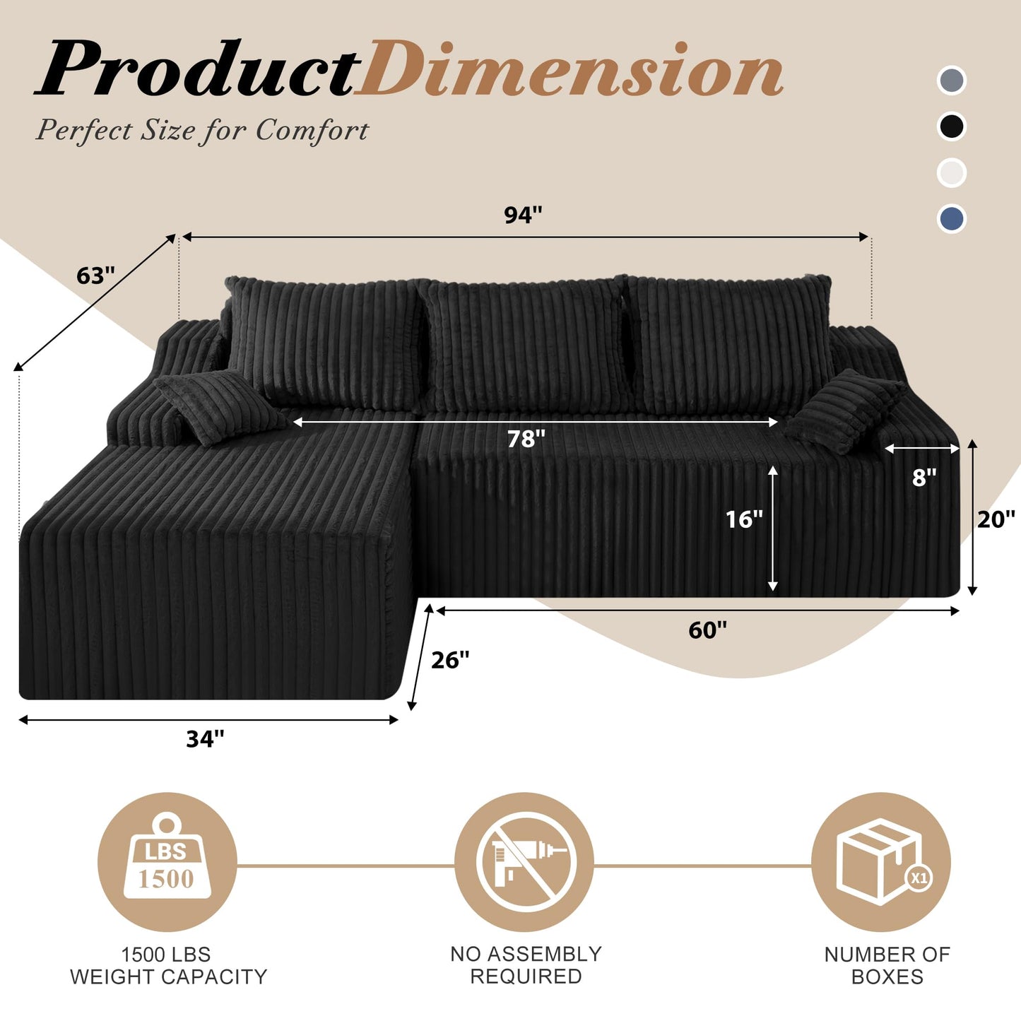 HABUTWAY 94" L-Shape Modular Sectional Sofa Couch for Living Room, No Assembly Required, Boneless Couch with Deep Seat for Living Room Bedroom, No Assembly Required (Black,Left)