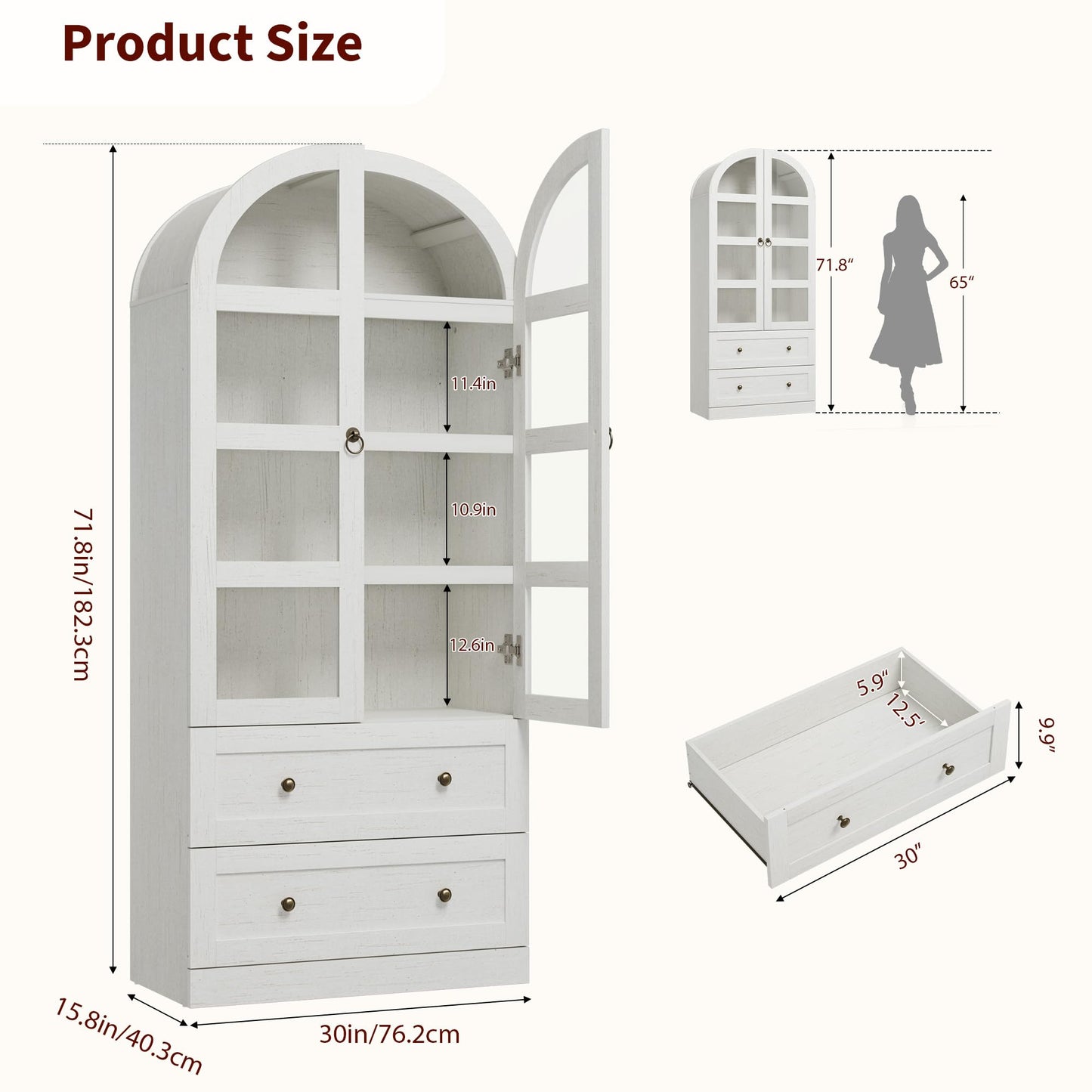 GarveeHome 71" Tall Arched Bookcase Cabinet, Wood Arched Bookshelf with Doors & Drawers, Large Arch Display Bookcase Cabinet with Storage, Farmhouse Storage Cabinet for Office Living Room, Retro White