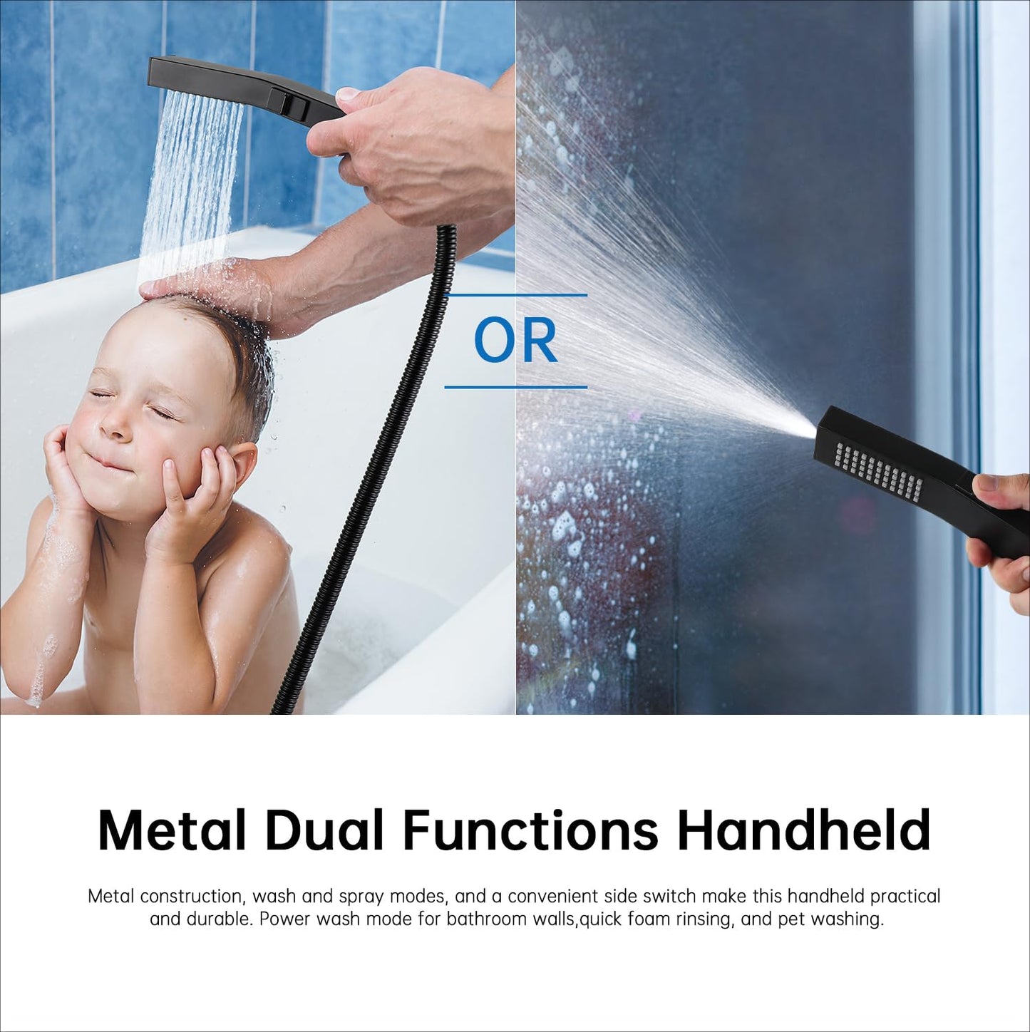 G-Promise All Metal 14 Inch Rain Shower Head with Power Wash Mode Handheld Spray Combo, Pause Setting 3-way Diverter, Full Body Coverage Waterfall Showerhead, Luxury Bathroom Upgrade (Matte Black)