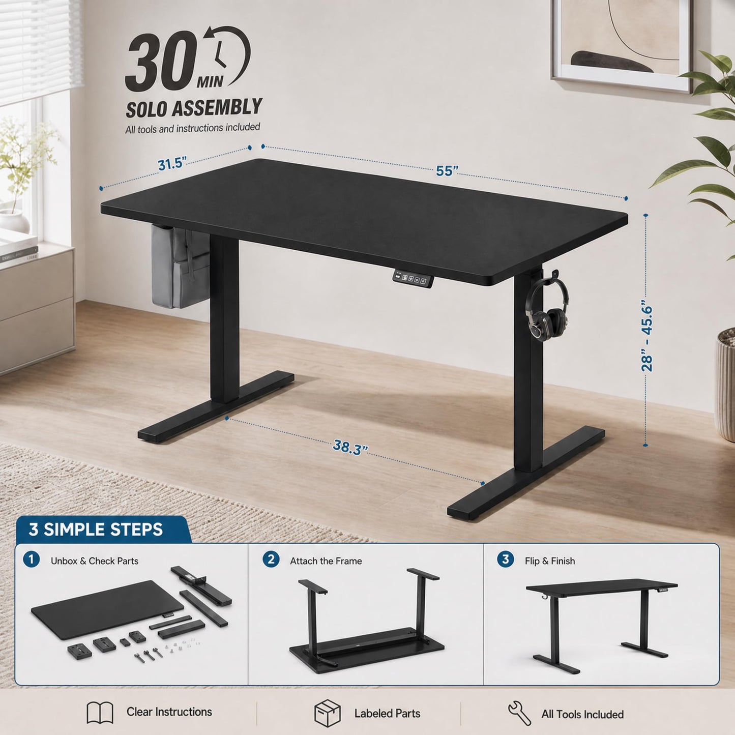 Grandder 55x32 Large Electric Standing Desk, Height Adjustable Computer Desk with 2 Memory Presets, 31.5" Deep Desktop Sit Stand Desk Home Office Desk Workstation Table with Hooks, Black