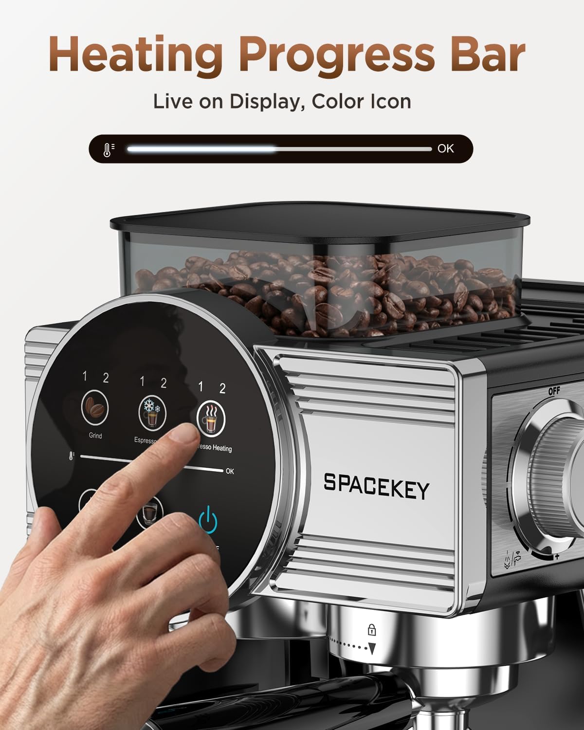 Spacekey Espresso Coffee Machine with Grinder, Milk Frother, Cold Brew, 20 Bar