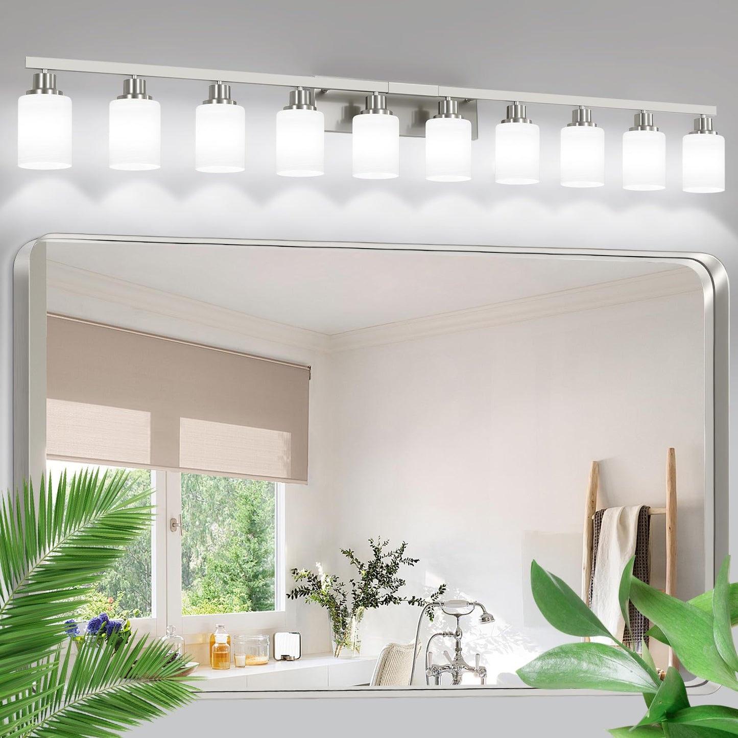 DIKAIDA 10-Light Bathroom Vanity Light Brushed Nickel,64.5in Vanity Lights with White Frosted Glass,Modern Bathroom Wall Lights Fixtures Over Mirror,Wall Sconces Lighting for Bedroom Living Room,E26