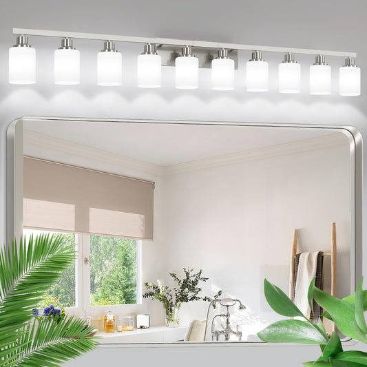 DIKAIDA 10-Light Bathroom Vanity Light Brushed Nickel,64.5in Vanity Lights with White Frosted Glass,Modern Bathroom Wall Lights Fixtures Over Mirror,Wall Sconces Lighting for Bedroom Living Room,E26