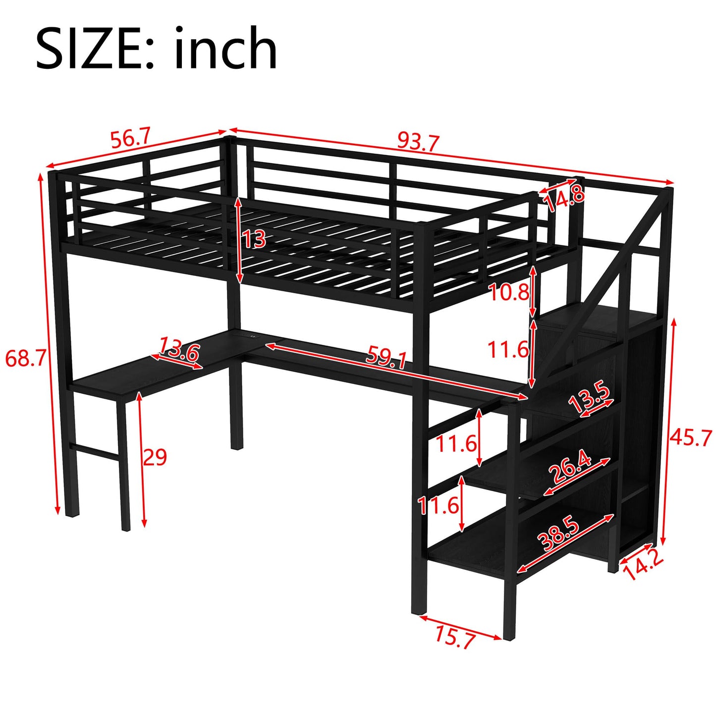 Bellemave Full Size Metal Loft Bed with L Shaped Desk and Wardrobe, Heavy Duty Loft Bed Frame with Storage Stairs, LED Loft Bed Frame with Charging Station & Safety Guardrails, Black
