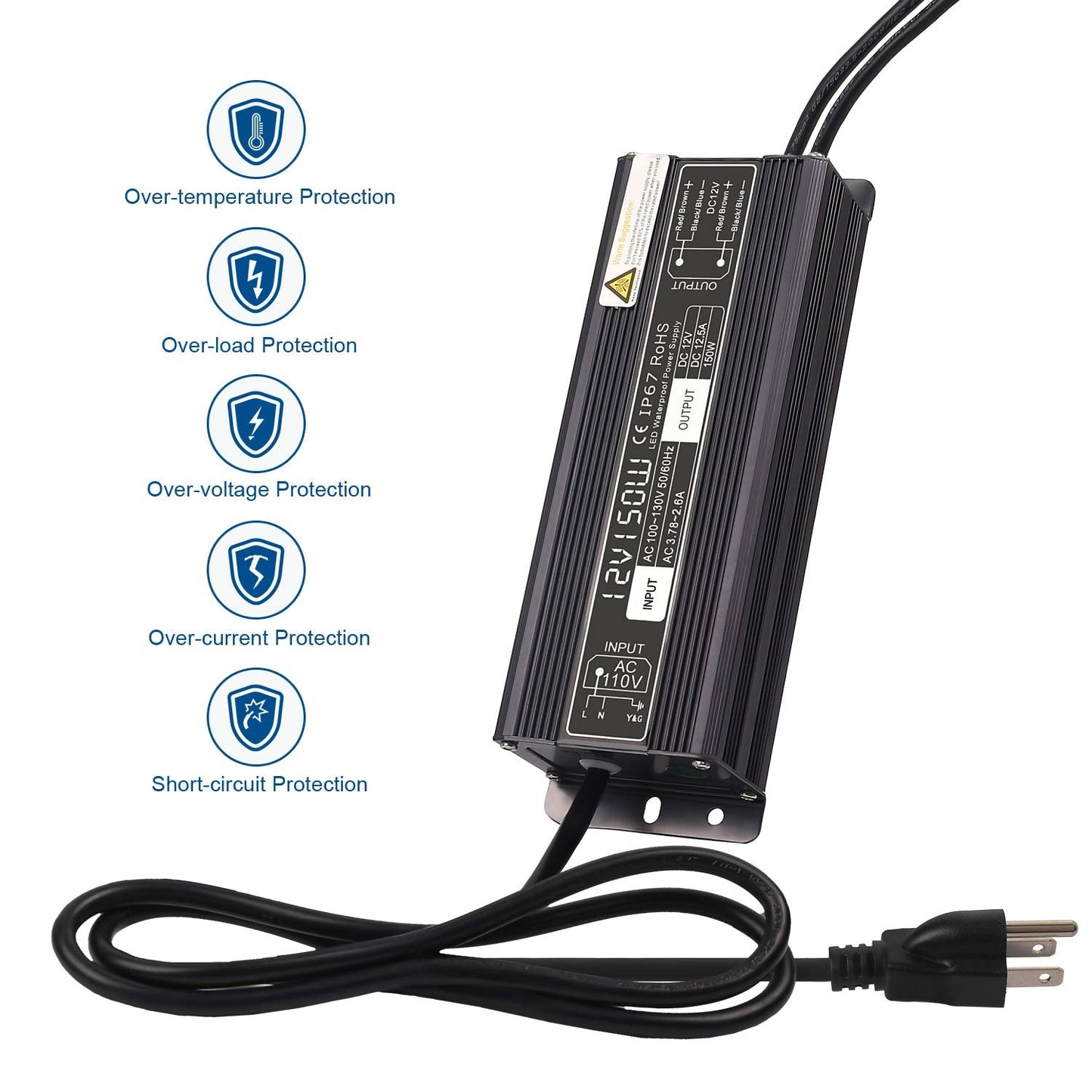 SUNVIE 150W LED Driver Waterproof IP67 Power Supply, 120V to 12V Transformer, Black, Model c5d22975-9092-4a3c-befd
